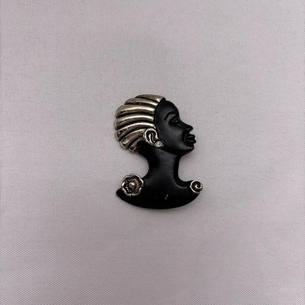 Vintage African Black and Silver Women's Pin Brooch